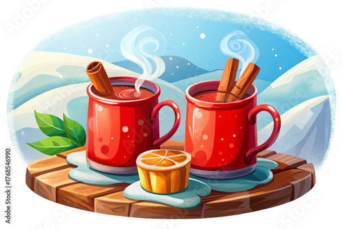 Hot red mug with cinnamon stick and steam rising over snow covered table representing winter warmth and comfort