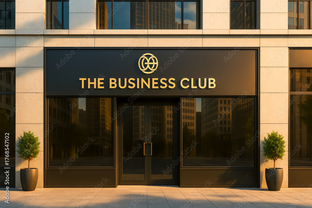 Obraz premium Modern facade of the business club in a busy city