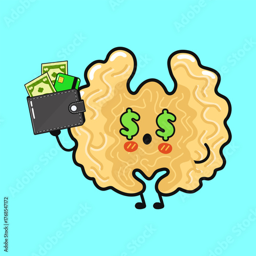 Walnut character holding wallet with dollar signs