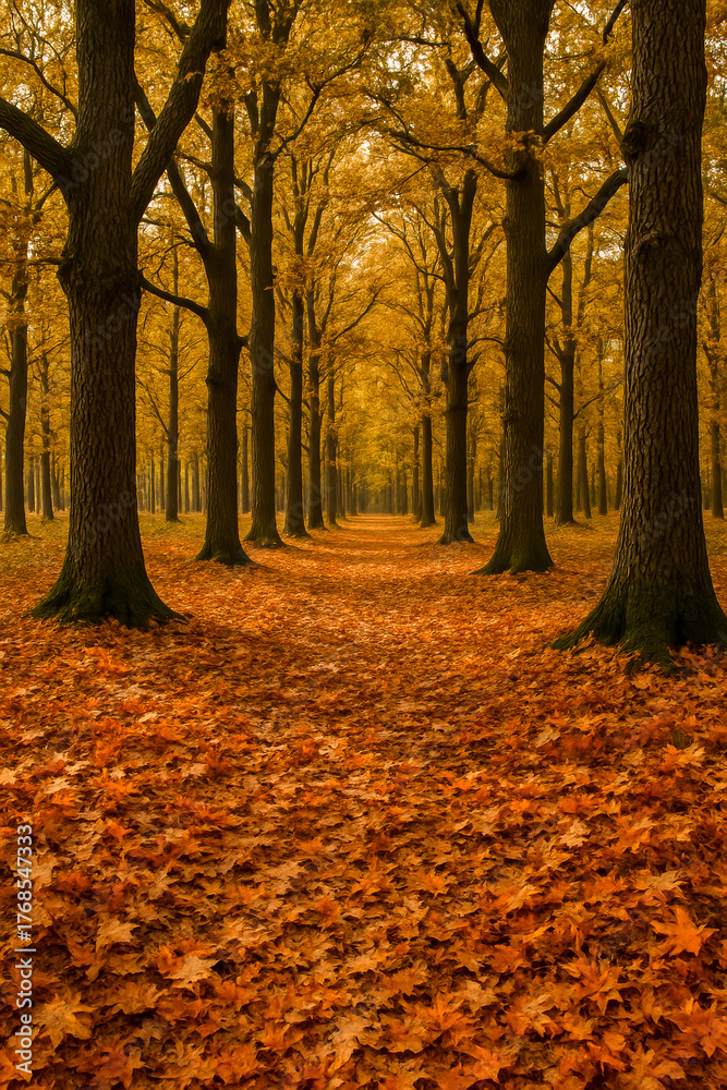 Fototapeta premium Scenic autumn pathway through vibrant orange-leaved forest