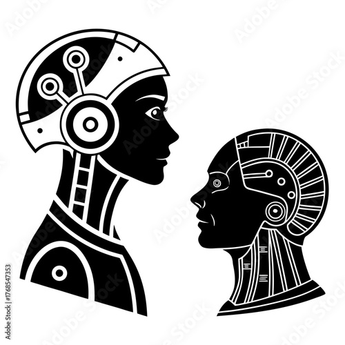 Two futuristic cyborg robot heads in profile facing each other representing artificial intelligence and human connection