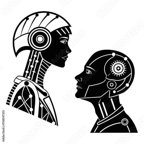 Two stylized robotic heads in profile facing each other symbolizing artificial intelligence and human interaction in black and white