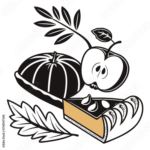 Stylized illustration of a pumpkin a sliced apple a slice of pie and autumn leaves on a white background