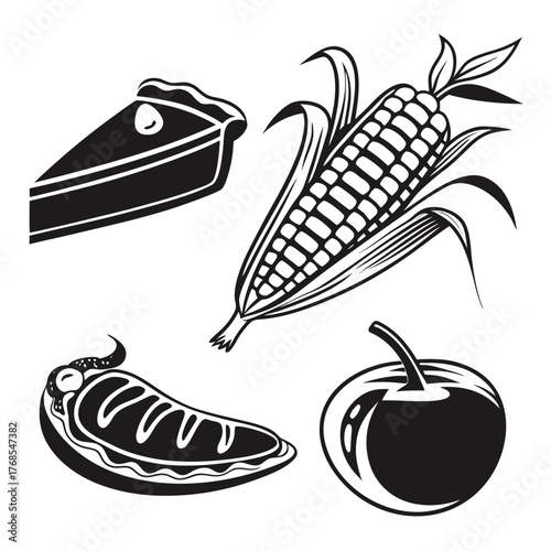 A delightful collection of harvest foods including a slice of pie fresh corn on the cob a juicy apple and a slice of pie