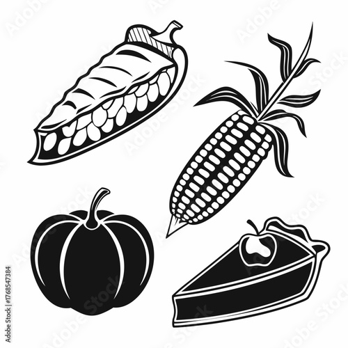 Black and white graphic illustration of a harvest assortment featuring a pea pod corn on the cob pumpkin and apple pie slice