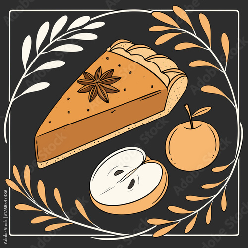 A slice of delicious pumpkin pie with star anise and fresh apples surrounded by decorative autumn leaves on a dark background