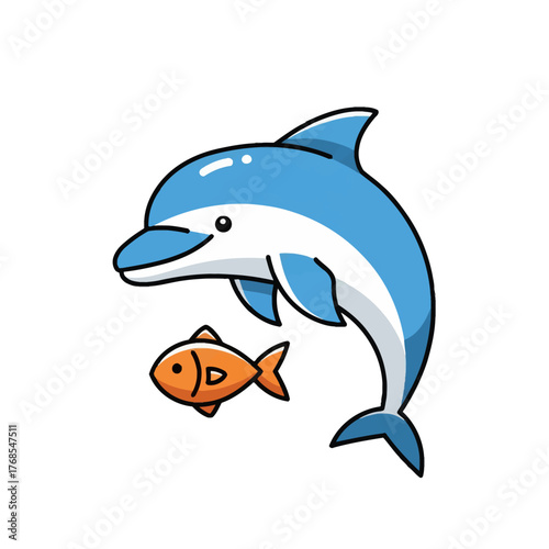 Friendly dolphin and small fish swimming together in a playful marine illustration
