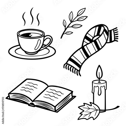 Cozy autumn elements collection featuring a steaming cup of coffee a warm scarf an open book and a lit candle