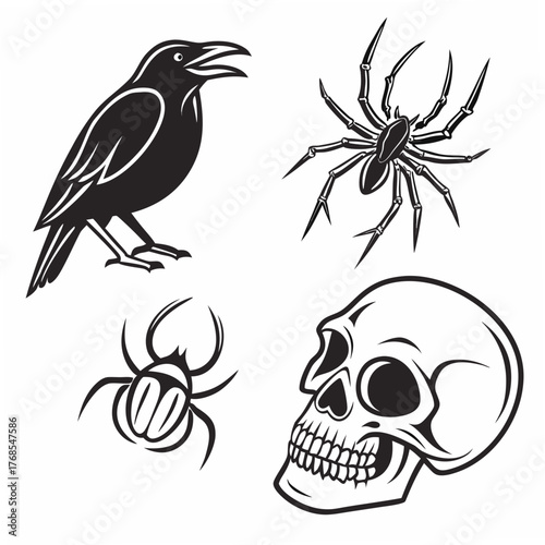 A collection of four black and white graphic illustrations featuring a crow a spider a beetle and a skull
