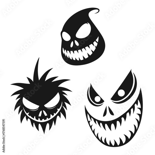 Three spooky cartoon halloween monster faces with sharp teeth and evil grins on a white background