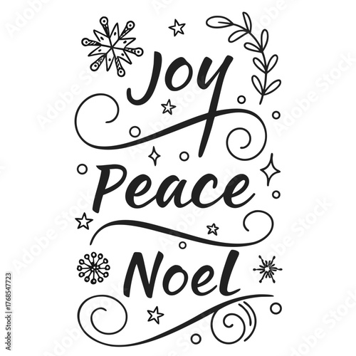 Hand drawn lettering of joy peace noel with snowflakes, stars and branches perfect for christmas and new year greeting cards, posters and invitations