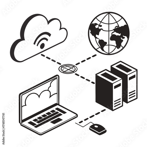 Isometric illustration of cloud computing network infrastructure with laptop, server, and globe, showcasing global connectivity and modern technology
