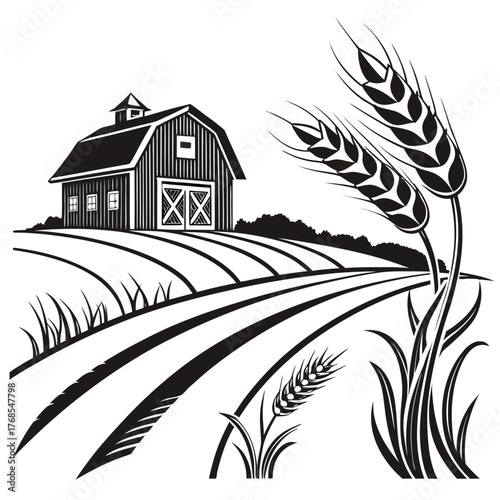 A picturesque black and white illustration showcases a charming barn nestled amidst rolling fields of wheat, evoking a sense of rural tranquility and agricultural abundance
