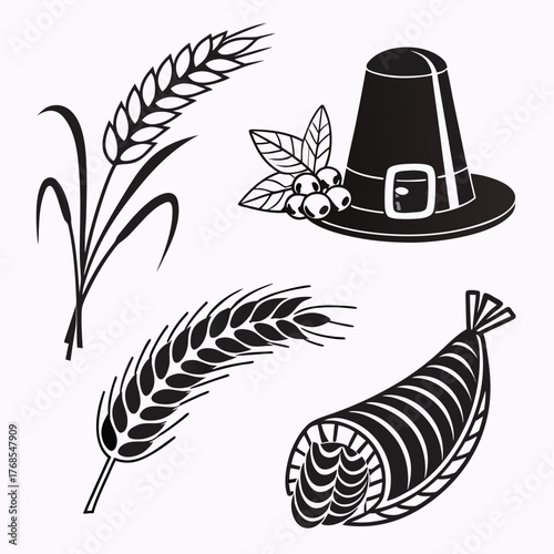 Illustration of thanksgiving elements featuring a pilgrim hat, wheat stalks, a cornucopia, and berries, perfect for autumn harvest season designs