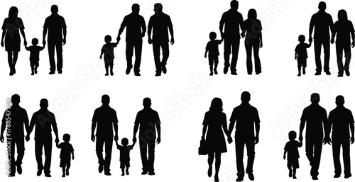 Family walking together, parent child bonding, silhouette poses, emotional connection, caring gesture, love and support, flat vector illustration