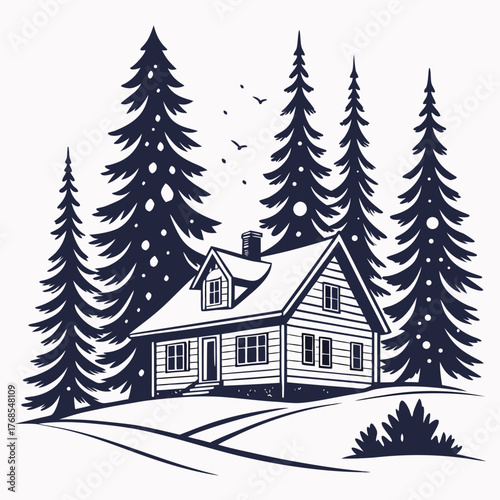 A picturesque winter landscape featuring a snowcovered cabin surrounded by towering pine trees, capturing the beauty and serenity of a snowy retreat