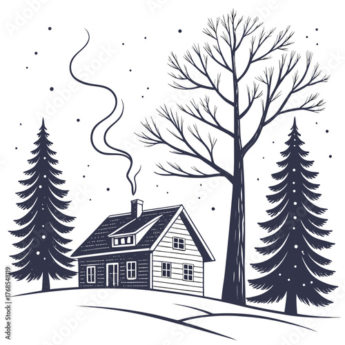 A serene winter scene featuring a cozy cabin nestled among snowcovered trees, evoking a sense of peace and tranquility during the holiday season