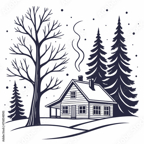 A cozy cabin nestled in a snowy winter landscape, with tall pine trees and a bare tree standing guard, smoke curling from the chimney, a serene winter scene