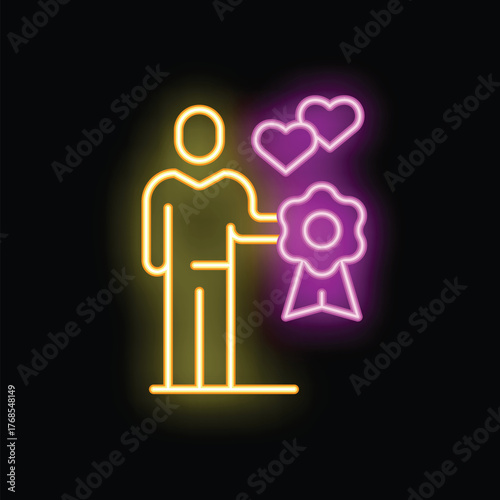 Neon sign of a man holding a cockade with two hearts above it, representing love and reward