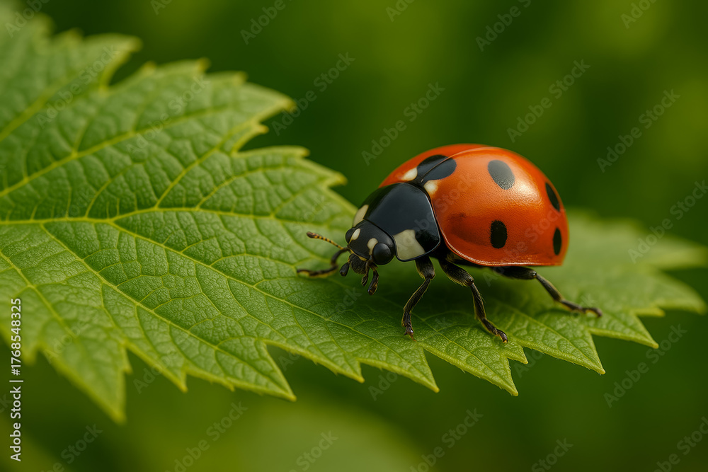 Fototapeta premium Close-up of a ladybug crawling on a green leaf