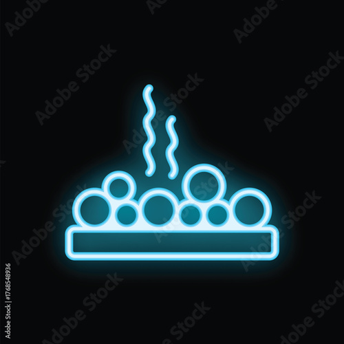 Glowing blue neon icon of hot stones warming on a massage table, isolated on a black background