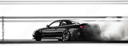 Black sports car drifting with smoke isolated on white background, showcasing speed, control, and the thrill of motorsport action in a dynamic scene