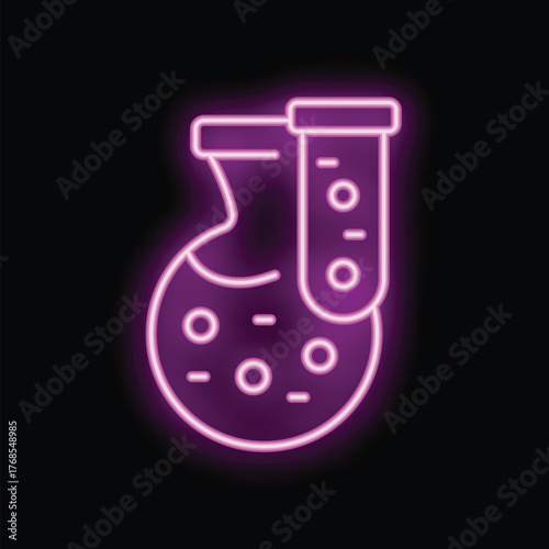 Glowing purple neon icon of a laboratory flask containing molecules and a test tube, symbolizing chemical research and analysis