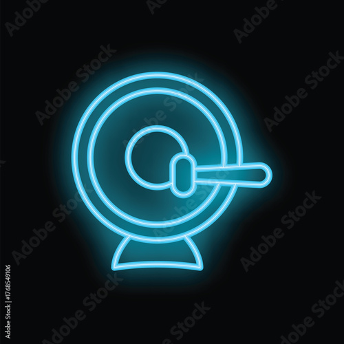 Blue neon sign of a gong being hit with a mallet, glowing on a black background