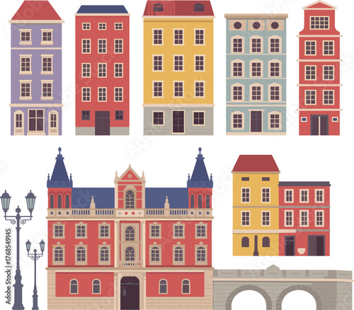 Colorful European city building facades illustration, classic architecture design collection, historical street houses, urban skyline concept, vintage travel art