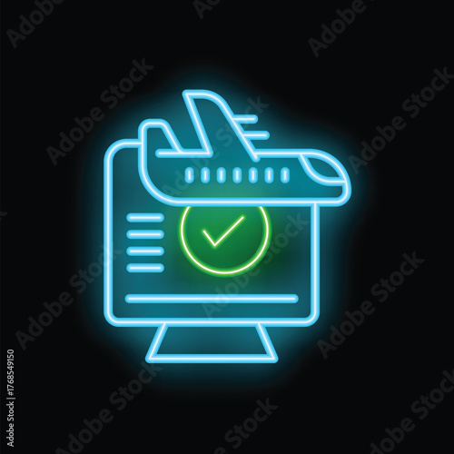 Neon glowing icon of airplane taking off from computer screen representing online flight booking and reservation