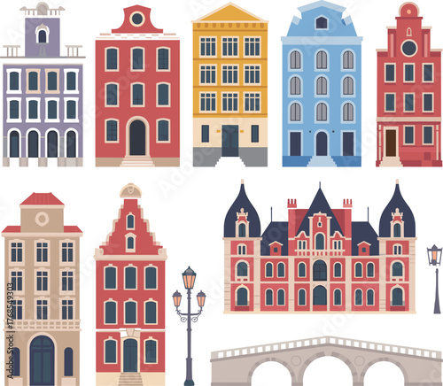Colorful European city building facades illustration, classic architecture design collection, historical street houses, urban skyline concept, vintage travel art