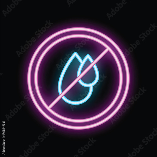 Bright neon sign showing a prohibition symbol crossing out two water drops, suggesting a place where liquids are not allowed