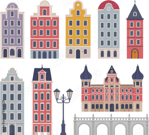 Colorful European city building facades illustration, classic architecture design collection, historical street houses, urban skyline concept, vintage travel art