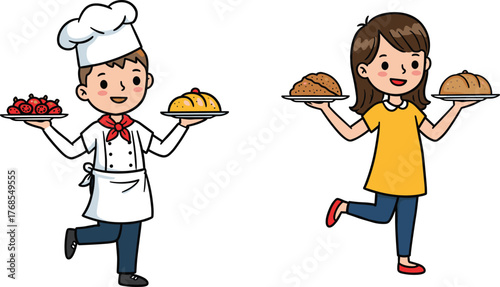 Chef and woman presenting food, cartoon characters, spaghetti and bread, culinary art, kitchen scene, smiling faces, food illustration, cooking joy