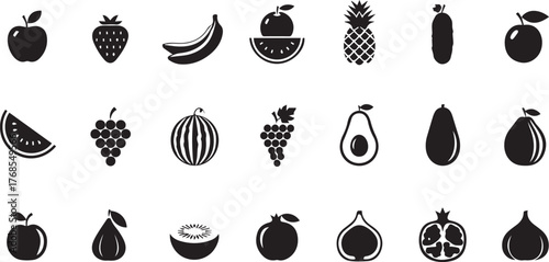 Collection of black and white silhouette icons representing various fresh fruits and vegetables on a white background