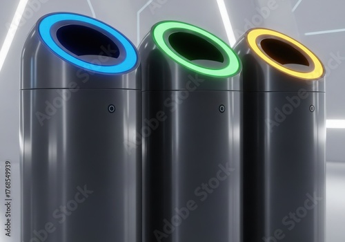 Modern colorcoded trash bins with blue, green, and yellow lids in futuristic setting