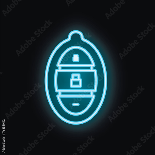 Glowing blue neon icon of a car key with a lock symbol is isolated on a black background