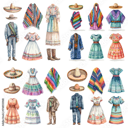 Traditional Mexican clothing and accessories including ponchos, dresses, sombreros, and boots. Ideal for culture, festival, heritage, or fashion design illustrations.