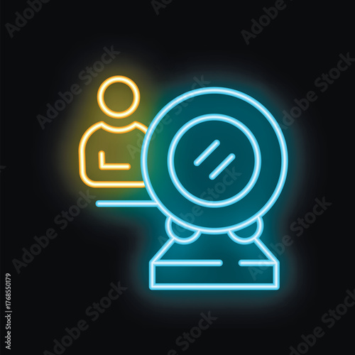Neon icon of a businessman analyzing himself looking in a round mirror