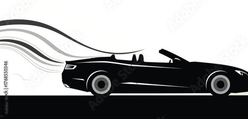 Silhouette of a black convertible car with motion lines, isolated on white background, conveying speed, freedom, and modern automotive design