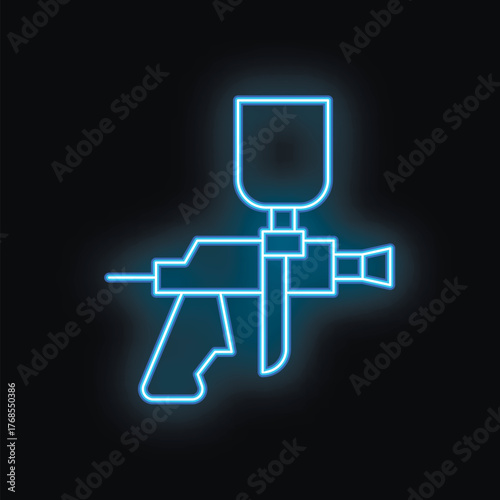 Blue neon sign illustrating a paint spray gun on a black background