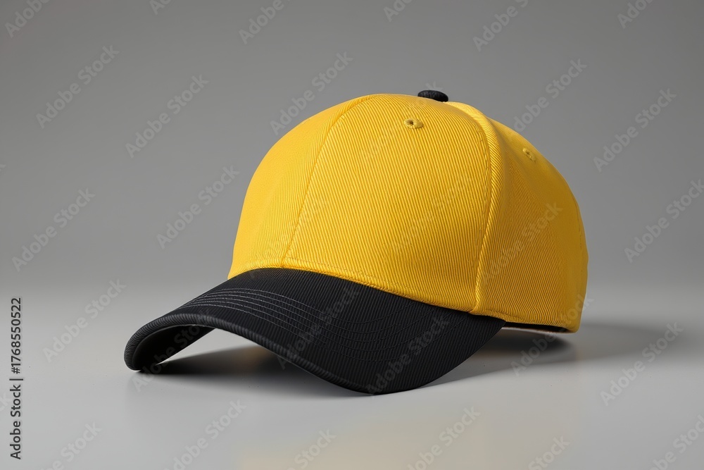 Fototapeta premium Yellow and black baseball cap on a gray background, showcasing a modern and sporty design.