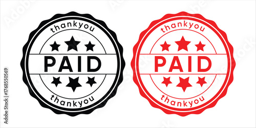 Paid Thank You Stamp or Invoice Seal, Receipt Mark with Stars, Financial Transaction Approved Label, Vector Illustration in Black and Red Circle Design