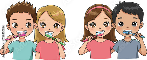 Children brushing teeth, cartoon kids dental hygiene, colorful toothbrushes, cheerful expressions, pink headband, spiky hair, healthy habit, morning routine
