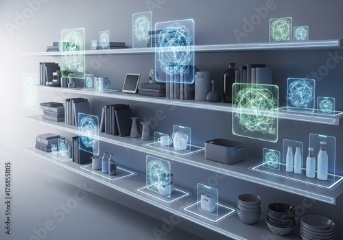 Futuristic retail shelves with holographic brain displays showcasing advanced technology products