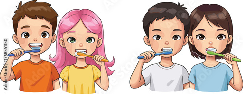 Children brushing teeth illustration, dental hygiene routine, cartoon kids, toothbrush gesture, oral care education, healthy habit, colorful vector art, smiling facesChildren brushing