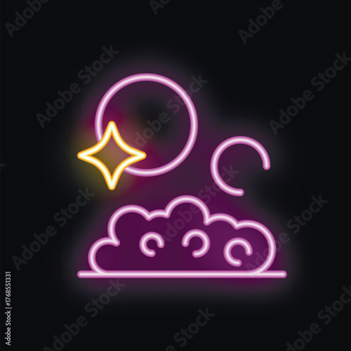 Neon sign showing a moon shining over clouds at night