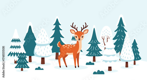 Cute cartoon deer standing in a snowy forest with snow-covered pine trees.