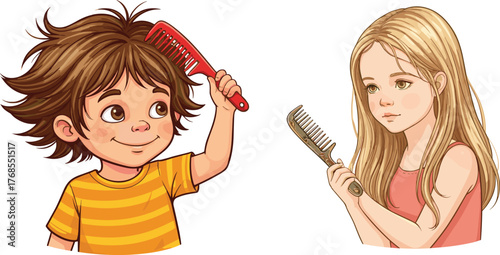 Children combing hair illustration, grooming routine, cartoon kids, hair care gesture, hygiene education, colorful vector art, morning activity, self-care