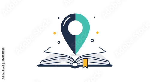 An open book with a location pin icon above it, symbolizing knowledge and discovery.